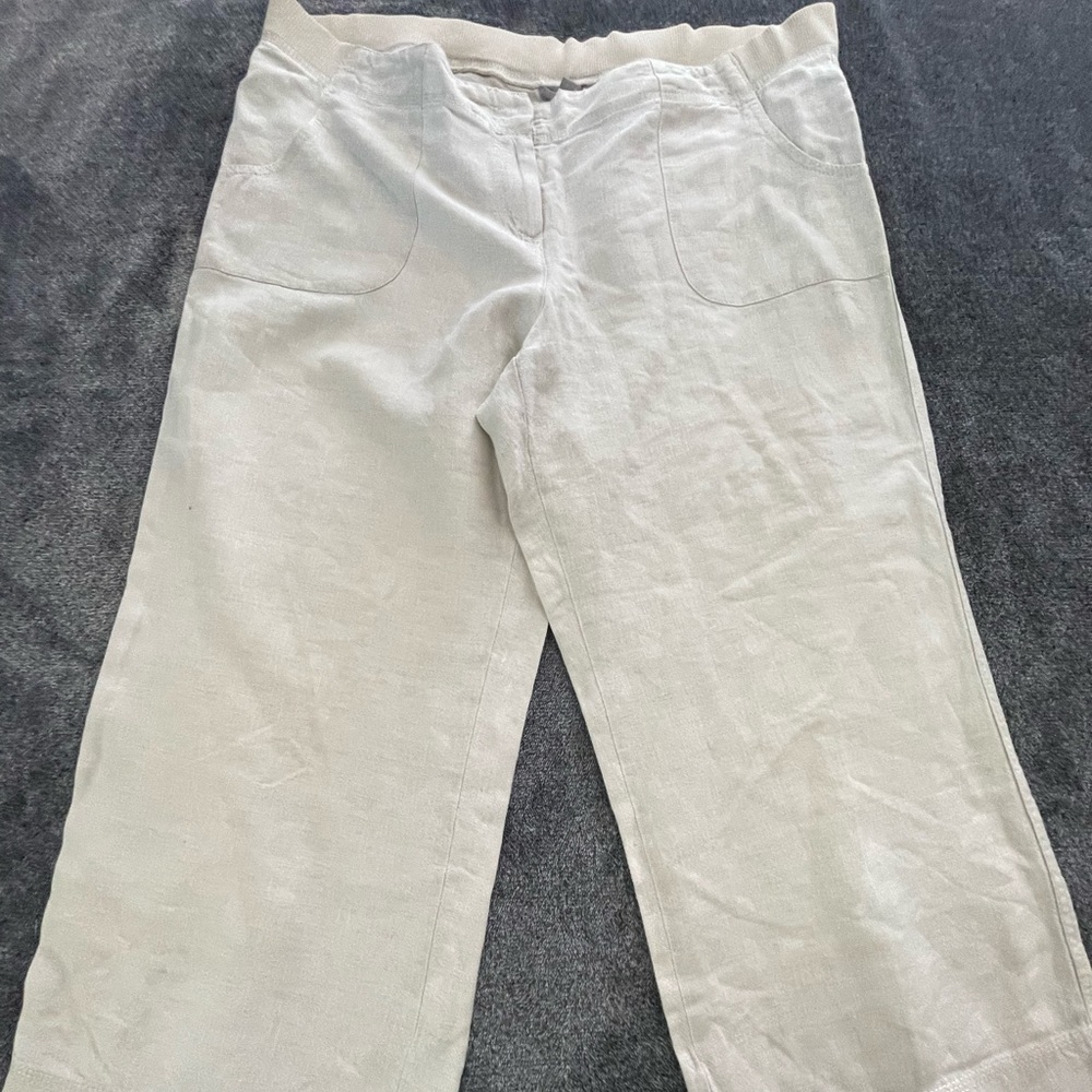 J Jill Beige Linen Stretch Pull On Pants Elastic Waist Size 12